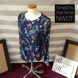 Navy Floral Small Twist Knot Long Sleeve Top